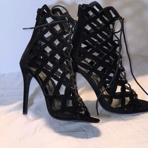 Liliana Black Caged Lace Up Stiletto Heels Womens 9 Open Toe Lattice Sandals